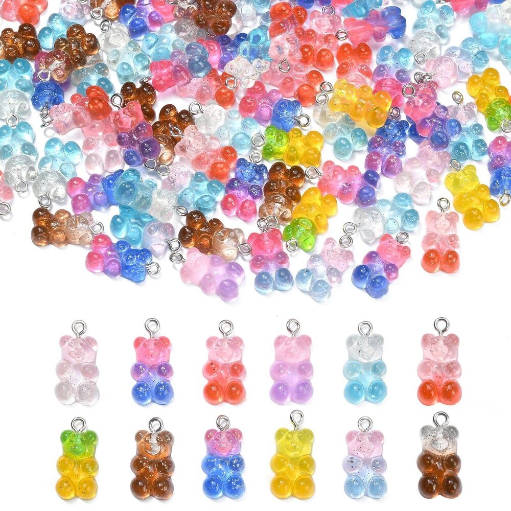 3348 200Pcs Random Color Lovely Gummy Bear Resin Charms with Glitter Powder